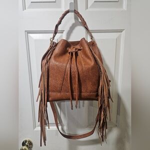 Fringe Drawstring Crossbody Bag in Brown